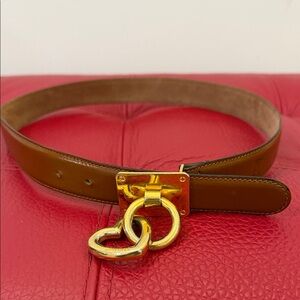 Vtg Moschino Brown Genuine Leather Belt with Gold Heart Ring Accent